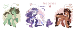 Size: 1024x430 | Tagged: safe, artist:lana-jay, oc, oc only, oc:green tea, oc:jasmine tea, oc:lavender tea, classical unicorn, earth pony, pegasus, pony, unicorn, adoptable, big ears, body markings, braid, braided tail, choker, colored, digital art, female, horn, leonine tail, long feather, long mane, not rarity, ponified, unshorn fetlocks