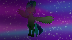 Size: 2368x1332 | Tagged: safe, artist:silver cobalt, oc, oc only, oc:crystalia dash, pegasus, pony, 3q veiw, after effects, aurora borealis, blue hair, blue mane, blue tail, eyes closed, flying, green fur, male, multicolored hair, open mouth, solo, spread wings, stallion, starry sky, stars, wings