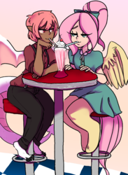 Size: 784x1070 | Tagged: safe, artist:bahrambupkis, oc, oc only, oc:ivy, oc:simmer, human, satyr, clothes, diner, humanized, milkshake, offspring, parent:fizzle, parent:fluttershy, sharing a drink, shipping, straw