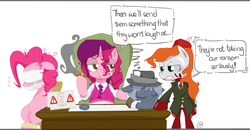 Size: 1665x867 | Tagged: safe, pinkie pie, oc, oc:marker pony, oc:sleepyhead, food pony, original species, g4, blindfold, bondage, cloth gag, crying, food, gag, mafia, parody, tabasco pony