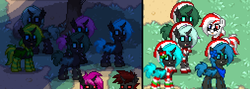Size: 761x270 | Tagged: safe, oc, oc only, oc:food, changeling, pony, pony town, blue changeling, christmas, christmas changeling, clothes, green changeling, purple changeling, red changeling, screenshots, socks, striped socks
