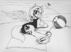 Size: 2147x1573 | Tagged: safe, artist:scribblepwn3, oc, oc only, oc:violet, pegasus, pony, beach, beach ball, clothes, commission, looking back, monochrome, one-piece swimsuit, pen drawing, solo, swimsuit, traditional art, underhoof