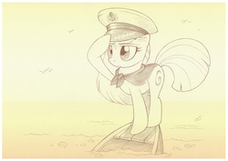 Size: 1073x758 | Tagged: safe, artist:sherwoodwhisper, oc, oc only, oc:eri, pony, unicorn, boat, female, hat, monochrome, ocean, salute, sinking, sketch, solo