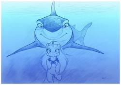 Size: 1073x758 | Tagged: safe, artist:sherwoodwhisper, oc, oc:eri, great white shark, pony, shark, unicorn, crossover, holding breath, leonard lino, ocean, shark tale, sketch, swimming, underwater