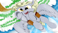 Size: 3840x2160 | Tagged: safe, artist:tilo972, derpy hooves, pegasus, pony, g4, female, flying, high res, mare, saddle bag, scow, solo, underhoof