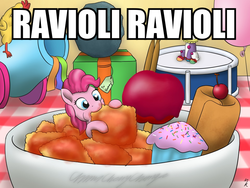 Size: 960x720 | Tagged: safe, artist:mkogwheel, boneless, pinkie pie, ponyacci, tom, pony, g4, balloon, candy apples (food), chimicherrychanga, christmas, cupcake, drums, eating, female, food, heart eyes, image macro, it's a pony kind of christmas, meme, micro, musical instrument, nom, party cannon, ponies in food, ravioli, rock, rubber chicken, solo, streamers, wingding eyes