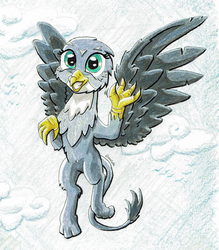 Size: 2261x2579 | Tagged: safe, artist:helmie-art, gabby, griffon, g4, cute, female, flying, high res, smiling, solo, traditional art, waving, wings