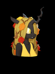 Size: 676x900 | Tagged: safe, artist:carnifex, oc, oc only, oc:deciduous, changeling, changeling queen, anthro, anthro oc, black background, changeling oc, changeling queen oc, clothes, female, leaves, simple background, smiling, solo, yellow changeling