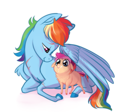 Size: 1024x922 | Tagged: safe, artist:loryska, rainbow dash, oc, oc:conundrum solar flare, g4, :t, blushing, chest fluff, female, floppy ears, foal, hug, lidded eyes, milk, momma dash, mother and child, offspring, parent:quibble pants, parent:rainbow dash, parents:quibbledash, prone, scar, simple background, white background, winghug