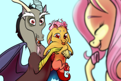 Size: 1024x683 | Tagged: safe, artist:loryska, discord, fluttershy, oc, oc:larkspur, hybrid, pony, g4, eyes closed, floppy ears, holding a pony, interspecies offspring, male, offspring, open mouth, parent:discord, parent:fluttershy, parents:discoshy, ship:discoshy, shipping, simple background, smiling, straight, tongue out