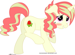 Size: 6219x4555 | Tagged: safe, artist:neronemesis1, oc, oc only, oc:strawberry lime, pony, unicorn, absurd resolution, blushing, female, floppy ears, grin, looking up, mare, nervous, nervous smile, raised hoof, raised leg, simple background, smiling, solo, transparent background