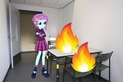 Size: 1067x713 | Tagged: safe, sunny flare, equestria girls, g4, my little pony equestria girls: friendship games, 1000 years in photoshop, angry, clothes, comic life 2, detention, female, fire, skirt, solo