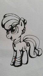Size: 1717x3052 | Tagged: safe, artist:binkyt11, derpibooru exclusive, oc, oc only, earth pony, pony, bracelet, female, gel pen, jewelry, mare, monochrome, necklace, open mouth, pencil, smiling, solo, traditional art, watermark