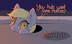 Size: 2000x1231 | Tagged: safe, artist:evehly, derpy hooves, pegasus, pony, g4, adoracreepy, creepy, cute, derp, dialogue, female, food, grimderp, it, looking at you, manhole, mare, marehole, muffin, pennywise, seems legit, shrunken pupils, smiling, solo, street, wat, wide eyes