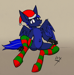 Size: 3185x3205 | Tagged: safe, artist:php122, oc, oc only, oc:neutrino burst, hippogriff, christmas, christmas stocking, clothes, cute, featureless crotch, hat, high res, socks, solo, striped socks, talons, wings