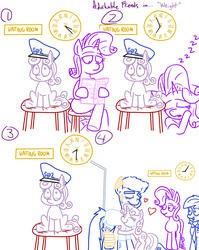 Size: 1280x1611 | Tagged: safe, artist:adorkabletwilightandfriends, rarity, sweetie belle, oc, oc:officer connor, earth pony, pony, unicorn, comic:adorkable twilight and friends, g4, accessory swap, adorkable friends, anatomically incorrect, bandage, bipedal, clock, clothes, comic, crossed legs, crying, cute, eyes closed, feels, frown, hat, heart, hoof hold, hospital, hug, incorrect leg anatomy, injured, lidded eyes, lineart, magazine, necktie, open mouth, raised leg, reading, sitting, sleeping, slice of life, smiling, tears of joy, zzz