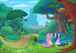 Size: 5016x3541 | Tagged: safe, artist:theinkbot, fluttershy, rarity, bird, squirrel, g4, back, duo, flower, flower field, forest, grass field, meditating, nature, path, peaceful, rear view, river, scenery, sitting