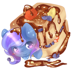 Size: 818x809 | Tagged: safe, artist:fluffire, food pony, original species, pony, banana, blueberry, blushing, cake, chocolate sauce, food, heart eyes, simple background, solo, stars, strawberry, transparent background, wingding eyes