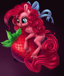 Size: 1024x1214 | Tagged: safe, artist:runettamontbelle, pinkie pie, pony, g4, bow, chest fluff, female, food, hair bow, hug, licking, licking lips, micro, solo, strawberry, tongue out, unshorn fetlocks