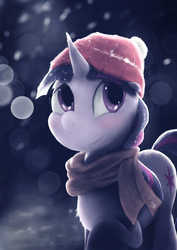 Size: 2480x3508 | Tagged: safe, artist:yvt-jp, twilight sparkle, pony, g4, clothes, female, hat, high res, scarf, smiling, snow, solo, winter