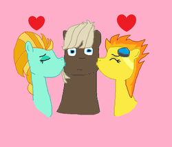 Size: 821x700 | Tagged: safe, artist:jwwprod, dumbbell, lightning dust, spitfire, g4, :|, cheek kiss, dumbbell gets all the mares, dumbfire, eyes closed, heart, kiss sandwich, kissing, lightningbell, lucky bastard, male, ms paint, ot3, shipping, straight, surprise kiss, surprised