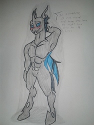 Size: 1920x2560 | Tagged: safe, artist:blackrose416, changeling, anthro, unguligrade anthro, abs, blushing, featureless crotch, male, nudity, smiling, solo, topless, traditional art