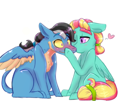 Size: 2300x1900 | Tagged: dead source, safe, artist:shiny-cooler, oc, oc only, oc:gamtle wind, oc:tlaloc, hybrid, pegasus, pony, gay, kissing, male, simple background, stallion, transparent background