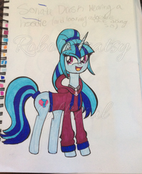 Size: 1024x1256 | Tagged: safe, artist:robocheatsy, sonata dusk, pony, unicorn, g4, clothes, disguise, disguised siren, equestria girls ponified, female, gem, hoodie, horn, obtrusive watermark, ponified, simple background, siren gem, solo, traditional art, unicorn sonata dusk, watermark