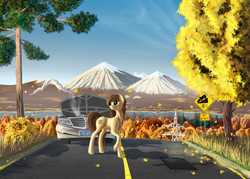 Size: 3500x2500 | Tagged: safe, artist:lightly-san, oc, oc only, oc:sandy lane, earth pony, pony, autumn, car, forest, high res, mountain, power line, pylon, road, scenery, solo, tree