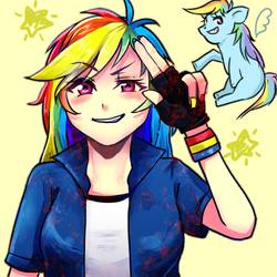 Size: 705x705 | Tagged: safe, artist:た, rainbow dash, pegasus, pony, equestria girls, g4, clothes, fingerless gloves, gloves, human coloration, nail polish, salute, self ponidox, shirt, smiling, sweatband, two fingered salute