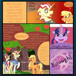 Size: 1000x1000 | Tagged: safe, artist:magicandmysterygal, applejack, flam, flim, twilight sparkle, comic:long night wild night, g4, clothes, comic, hatless, magic, missing accessory