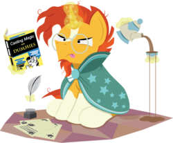 Size: 612x506 | Tagged: safe, artist:bobthedalek, sunburst, twilight sparkle, pony, unicorn, g4, book, cup, female, food, for dummies, glasses, messy mane, paper, quill, simple background, solo, spill, spilled drink, sunburst's cloak, sunburst's glasses, tea, teapot, transparent background