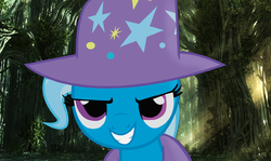 Size: 1288x768 | Tagged: safe, artist:hardponypie, trixie, pony, unicorn, g4, female, forest, solo, trixie's cape, trixie's hat, wallpaper