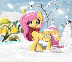 Size: 1000x860 | Tagged: safe, artist:moondreamer16, angel bunny, fluttershy, g4, clothes, scarf, snow, snowman, winter