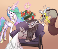 Size: 1404x1182 | Tagged: safe, artist:patty-plmh, discord, princess celestia, oc, oc:pandemonium, hybrid, g4, interspecies offspring, magic, male, offspring, parent:discord, parent:princess celestia, parents:dislestia, ship:dislestia, shipping, straight