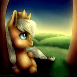 Size: 2000x2000 | Tagged: safe, artist:kittenthelonley, applejack, earth pony, pony, g4, female, high res, hill, solo