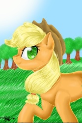 Size: 320x480 | Tagged: safe, artist:crystalcrr, applejack, earth pony, pony, g4, female, grass, smiling, solo