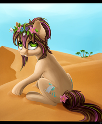 Size: 830x1014 | Tagged: safe, artist:runettamontbelle, oc, oc only, earth pony, pony, desert, floral head wreath, flower, looking at you, looking back, smiling, solo
