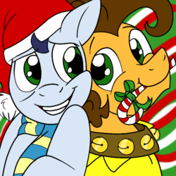 Size: 600x600 | Tagged: safe, artist:hufflepuffrave, cheese sandwich, soarin', pony, g4, candy, candy cane, christmas, clothes, duo, food, scarf