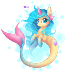 Size: 1507x1651 | Tagged: safe, artist:doekitty, oc, oc only, oc:seabreeze swirl, merpony, starfish, g4, blue mane, cute, female, fish tail, flowing mane, horn, looking at you, mare, ocean, seashell, smiling, smiling at you, solo, swimming, tail, underwater, water