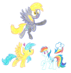 Size: 2371x2445 | Tagged: safe, artist:supercoco142, derpy hooves, rainbow dash, sunshower raindrops, pegasus, pony, g4, crayon, female, heart, high res, mare, traditional art