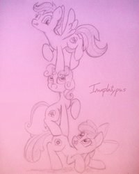 Size: 1024x1280 | Tagged: safe, artist:imaplatypus, apple bloom, scootaloo, sweetie belle, g4, cutie mark, cutie mark crusaders, looking at each other, the cmc's cutie marks, tower of pony, traditional art, trio