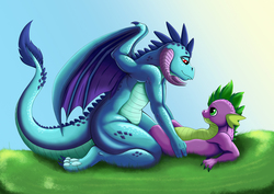 Size: 1754x1240 | Tagged: safe, artist:exelzior, princess ember, spike, dragon, g4, bedroom eyes, dragoness, eye contact, female, field, grass, larger female, looking at each other, male, older, older spike, on back, ship:emberspike, shipping, size difference, smiling, straight, sunlight, this will end in snu snu