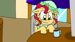 Size: 1920x1080 | Tagged: safe, artist:shonatabeata, sunset shimmer, pony, g4, chocolate, clothes, cup, cute, female, food, hat, hot chocolate, sable, scarf, smiling, solo