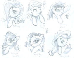 Size: 2514x1986 | Tagged: safe, artist:kittyprints91, applejack, fluttershy, pinkie pie, rainbow dash, rarity, twilight sparkle, g4, apple, book, food, grayscale, mane six, monochrome, tongue out, traditional art