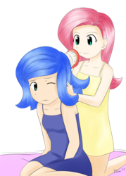 Size: 1100x1540 | Tagged: safe, artist:kprovido, fluttershy, princess luna, human, g4, brushing, clothes, cute, dress, duo, duo female, female, humanized, luna is not amused, lunabetes, s1 luna, shyabetes, simple background, transparent background, unamused