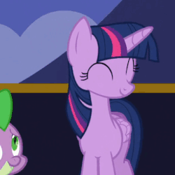 Size: 399x399 | Tagged: safe, screencap, spike, twilight sparkle, alicorn, pony, g4, to where and back again, animated, blinking, cute, eyes closed, folded wings, gif, grin, happy, raised hoof, smiling, solo focus, talking, twiabetes, twilight sparkle (alicorn), underhoof
