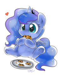 Size: 1838x2406 | Tagged: safe, artist:pridark, princess luna, pony, g4, belly, chibi, cookie, cute, female, filly, food, heart, holding, lunabetes, pridark is trying to murder us, simple background, sitting, solo, white background, woona, younger