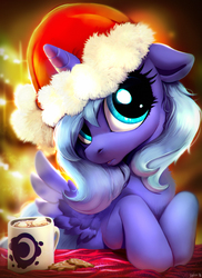 Size: 2000x2743 | Tagged: safe, artist:imalou, princess luna, alicorn, pony, christmas, cup, cute, drink, female, food, gingerbread (food), hat, hnnng, hot chocolate, looking at you, lunabetes, mare, marshmallow, mug, s1 luna, santa hat, solo, sweet dreams fuel, weapons-grade cute