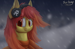 Size: 2000x1312 | Tagged: safe, artist:jesseorange, oc, oc only, oc:flamespitter, pony, clothes, cute, headphones, scarf, smiling, snow, snowfall, solo, winter
